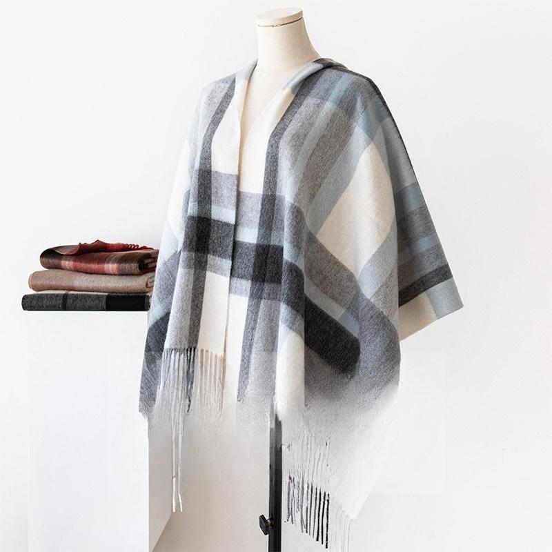 Pure Wool Scarf Women's Autumn and Winter New Versatile Warm Scarf Blue and Gray Large Plaid Shawl