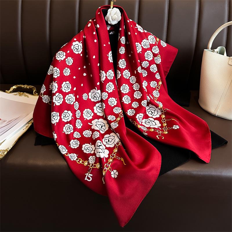 Women's Retro Twill Silk Scarf - 90cm Versatile Shawl for Travel & Sun Protection
