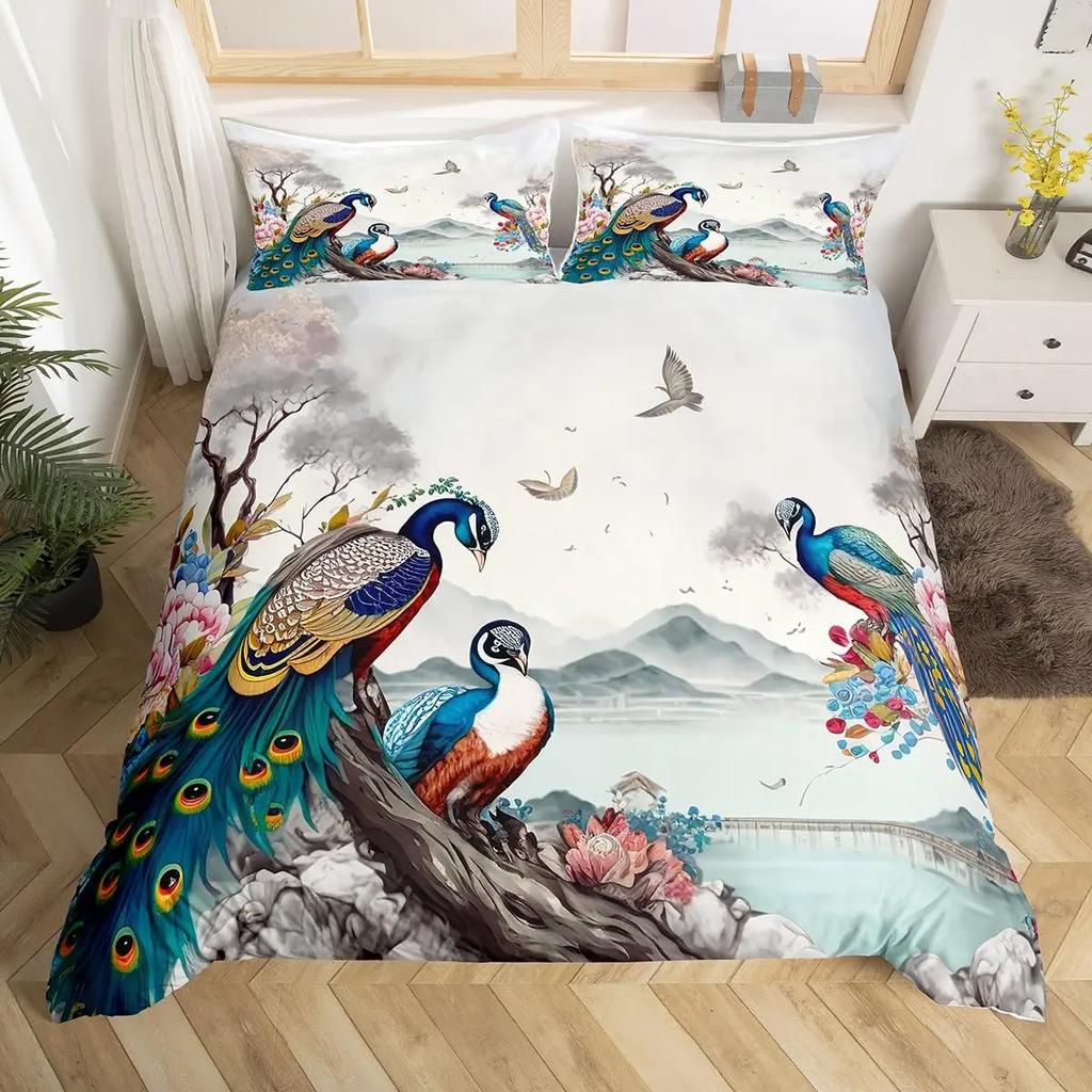 Comforter Peacock Queen Watercolor Feather Bedding Set Bird Animal Floral Print Art Painting Comforter And 2 S
