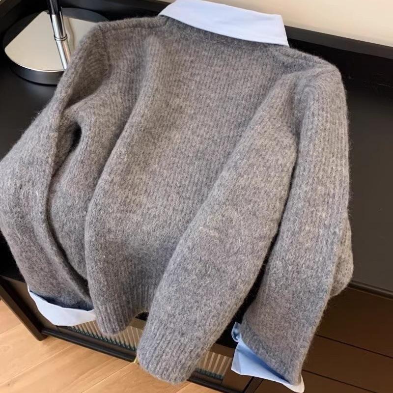 Autumn and Winter New Women's Sweater Shirt Collar Fake Two-piece Knitted Sweater Women's Jacket Long-sleeved Pullover Top