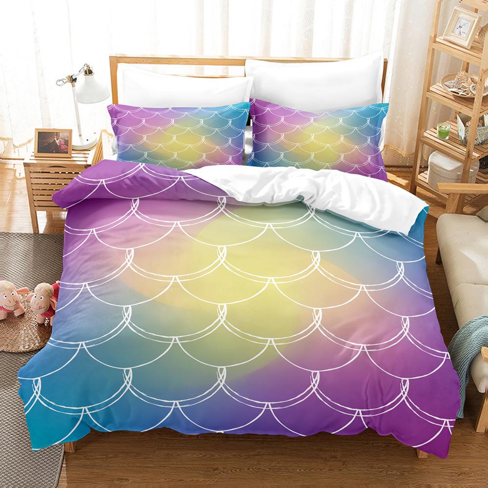 Laser Gradual Change Fish Scale 3D Digital Printing Three-Piece Set, Quilt Cover Pillowcase