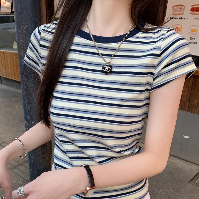Women's Summer 2025 Popular Striped Short Sleeve T-shirt | Unique & Stylish Straight Shoulder Design