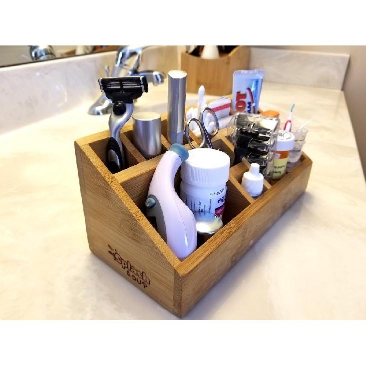 Small Multifunctional Bamboo Organizer | Desk Caddy | Home Office Accessory Tray | School Art Supply Holder | Pen Pencil Brush Compartment | Kitchen