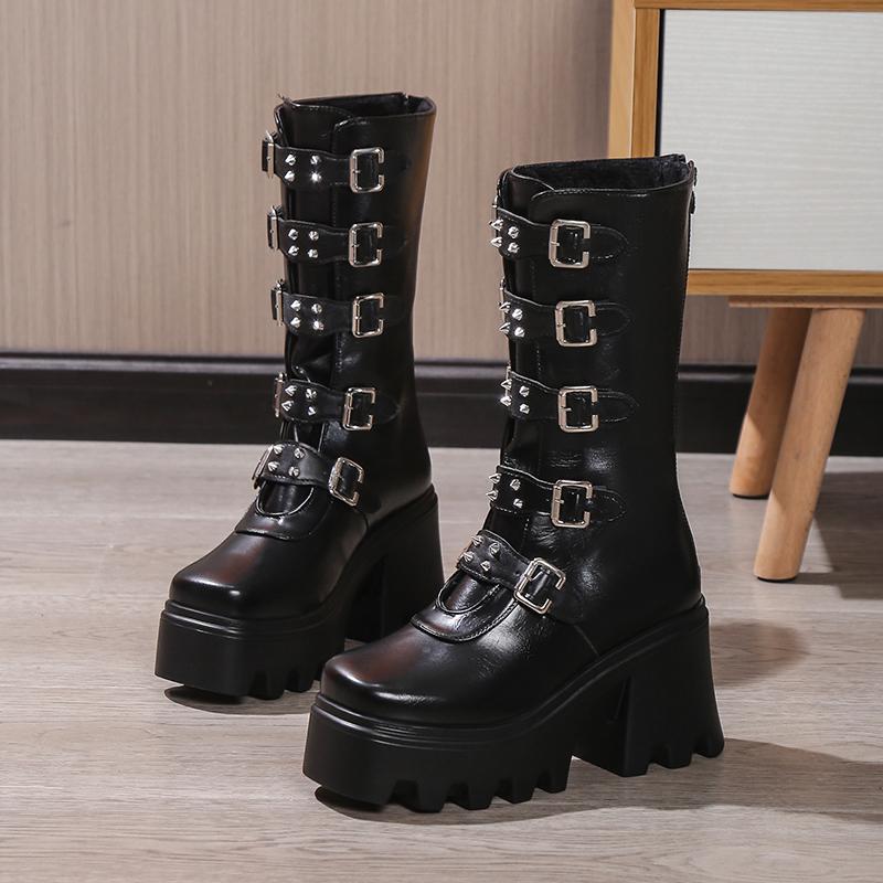 Fashion High Heels Women Mid Calf Boots Fashion Chunky Shoes Designer Platform Woman Boots 2025 Winter Pumps Cozy Chelsea Botas Mujer