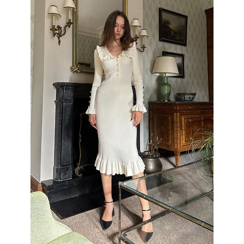 Women's Ruffle Hem Knit Dress, French Style Vintage Inspired Sweater Dress with Flounce Detail, Elegant A-Line Dress for Daily & Date Night