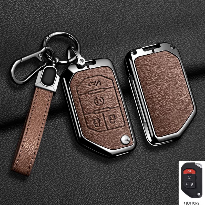Zinc Alloy Leather Car Key Case Cover for Jeep Wrangler JL JLU Rubicon Gladiator JT Sahara JLU 2018 2019 2020 2021 2022 2023