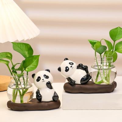 Cartoon Panda Grüne Rose Hydroponische Vase Glaswaren Transparent Wasser Nährende Frische Blumen Blumentopf Blumengefäße Desktop Ornament