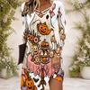 Women Criss Cross V Neck Long Sleeve Halloween Raccoon Witch Pumpkin Print Curved Hem Dress