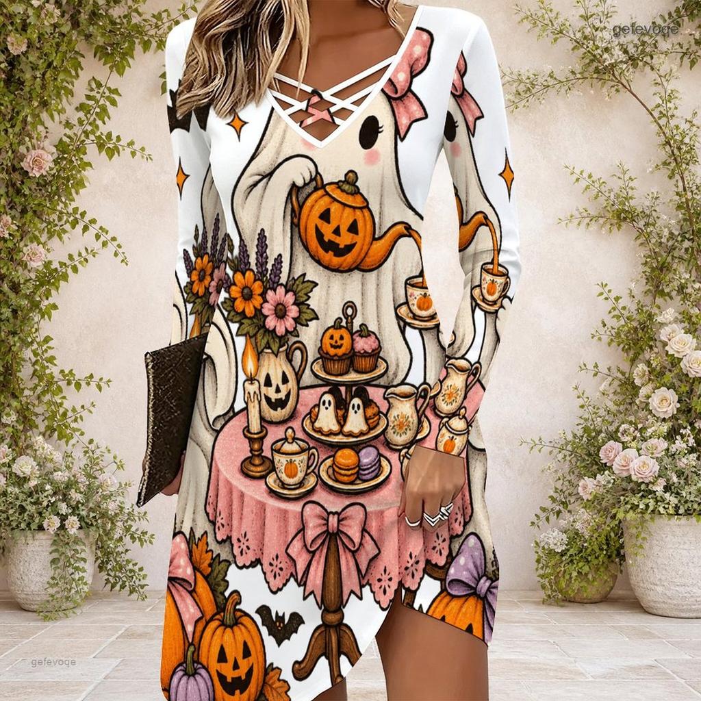 Women Criss Cross V Neck Long Sleeve Halloween Raccoon Witch Pumpkin Print Curved Hem Dress