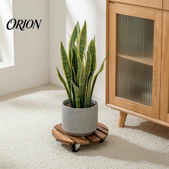 Outdoor Planter Tray with Wheels Round Wood Plant Caddy Wheels, Heavy Duty Rolling Stand Weather Resistant Roller for Garden Casters, Movable