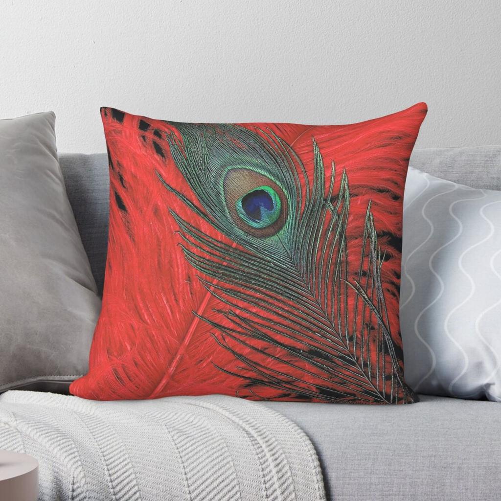 Red Hot Peacock Square Pillowcase Polyester Linen Velvet Pattern Zip Decorative Throw Pillow Case Room Cushion Cover