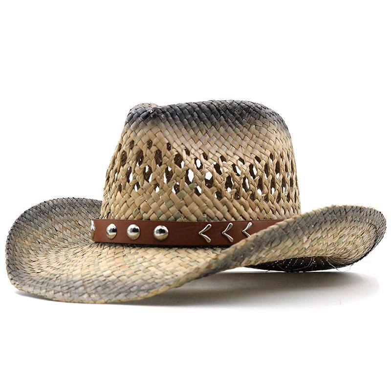 Pălărie de cowboy occidental din paie cu boruri largi protecție solară de vară respirabilă retro curea reglabilă exterior casual unisex boho
