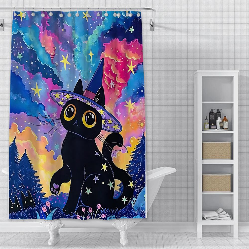Shower Starry Sky Cat Curtain Waterproof Polyester Fabric Paint Colorful Bath Curtains Home Bathroom Decor Curtain With Hook