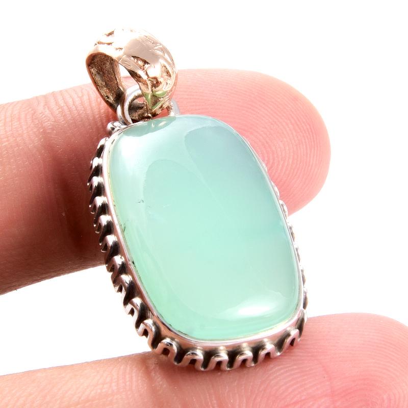 Natural Chrysoprase Gemstone 925 Sterling Silver Two Tone Pendant 1.3'' F5u23