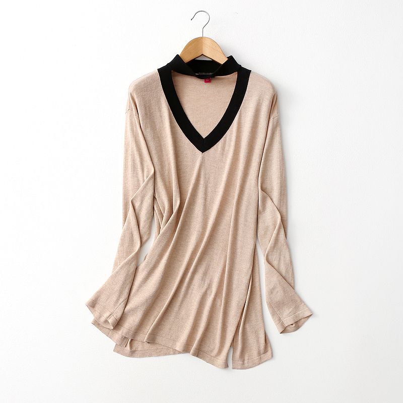 Export Plus Size Women's Clothing Fashion Contrast Color V-neck Hollowed Silk Cotton Knitwear Women's Autumn and Winter Pullover Bottoming Shirt