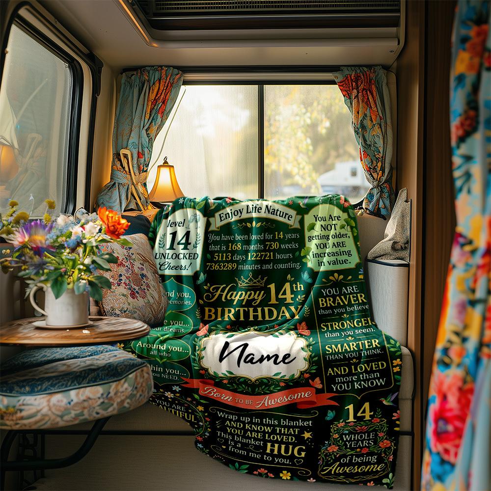 Happy 14Th Birthday Celebration Blanket Personalized Name Soft Comfortable Stylish Blanket Car Blanket Perfect For Travel Camping Outdoor Home