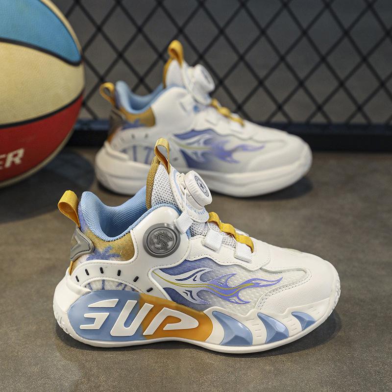 2025 spring new rotating button classmates boys and girls children's running basketball shoes medium and older children's wear-resistant sports shoes