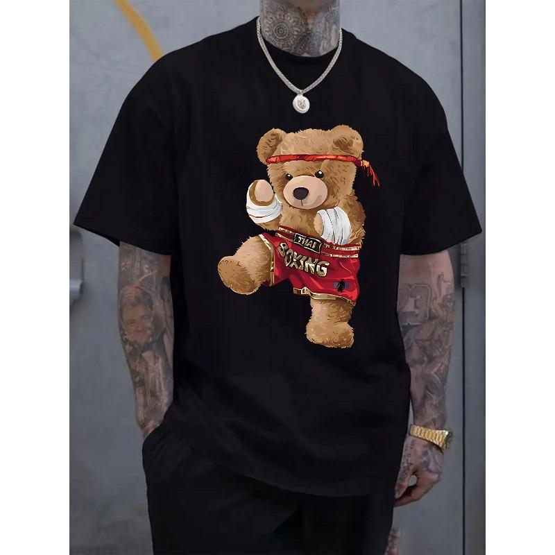 

European sizes Men S Muay Thai Bear Graphic T-Shirt -Themed Short Sleeve Crew Neck Tee with FIGHT Print 4XL чорний