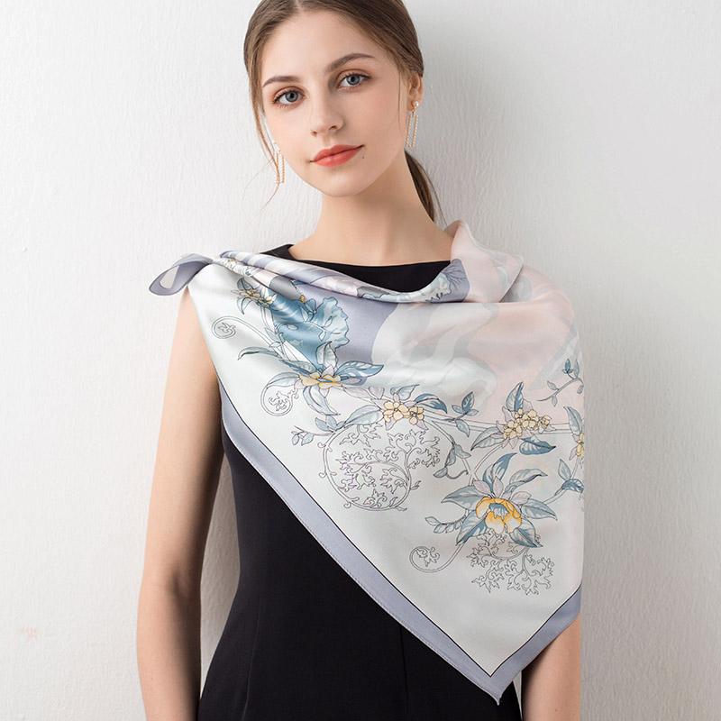 Women 100% Natural Silk Scarf Square Print Large Bandana Real Silk Shawls Headscarf Pure Silk Neckerchief For Ladies 88x88cm