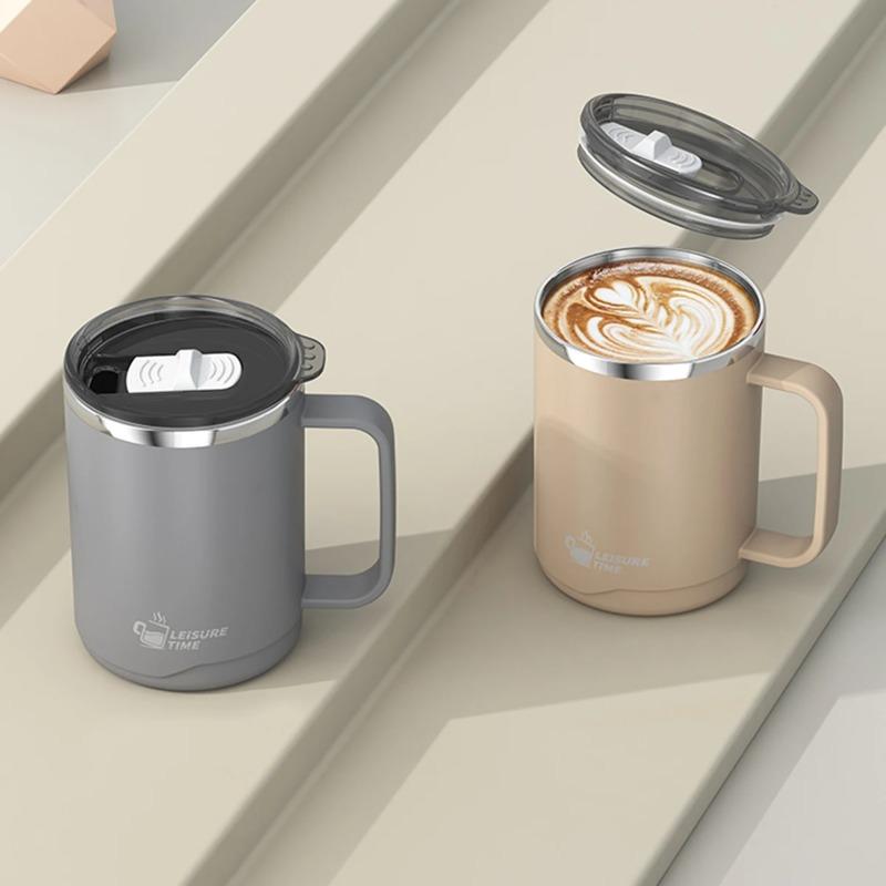 304 Edelstahl Doppelwandig Isolierter Kaffeebecher mit Henkel Tragbarer Versiegelter Wasserbecher Große Kapazität Trinkbecher