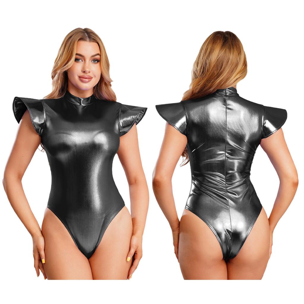 S-3XL Women Metallic Shiny Bodysuit Fly Sleeve Mock Neck Back Zipper Leotard Jumpsuit for Club Dance Space Cosplay