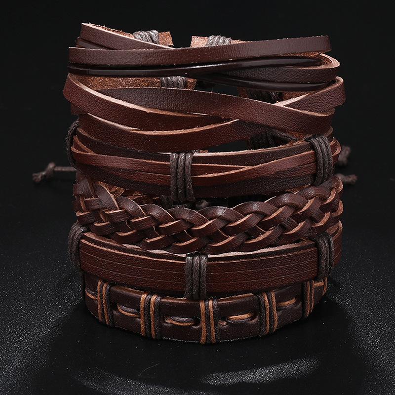 Set Of 6 Black Handmade Woven Pu Leather Bracelet For Men Multi Pack Fashion Vintage Braided Bangle As Birthday Gift