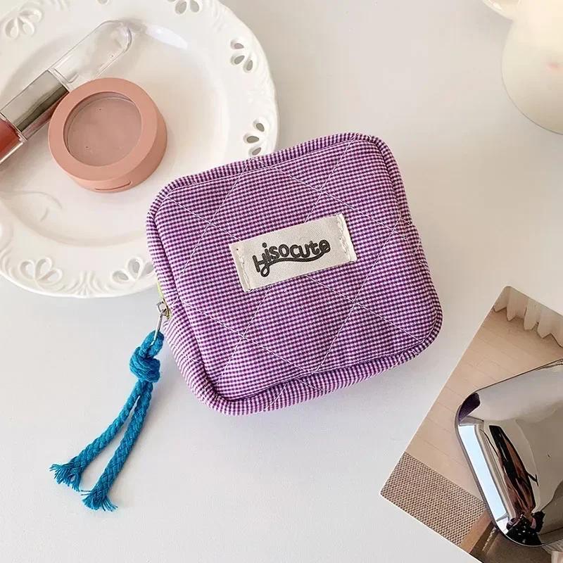 Mini Plaid Makeup Bags Headphone Key Lipstick Storage Bag Minimalist Checkered Cosmetic Bag Makeup Pouch Small Zipper Coin Purse