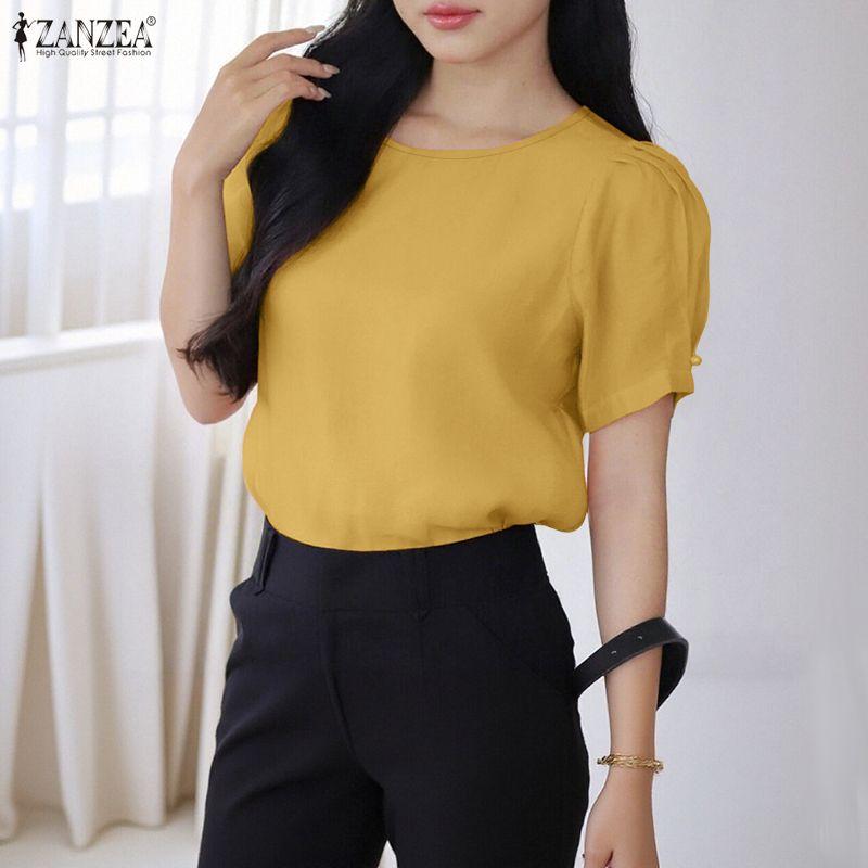 ZANZEA Women Casual Round Neck Solid Color Short Sleeve Blouse