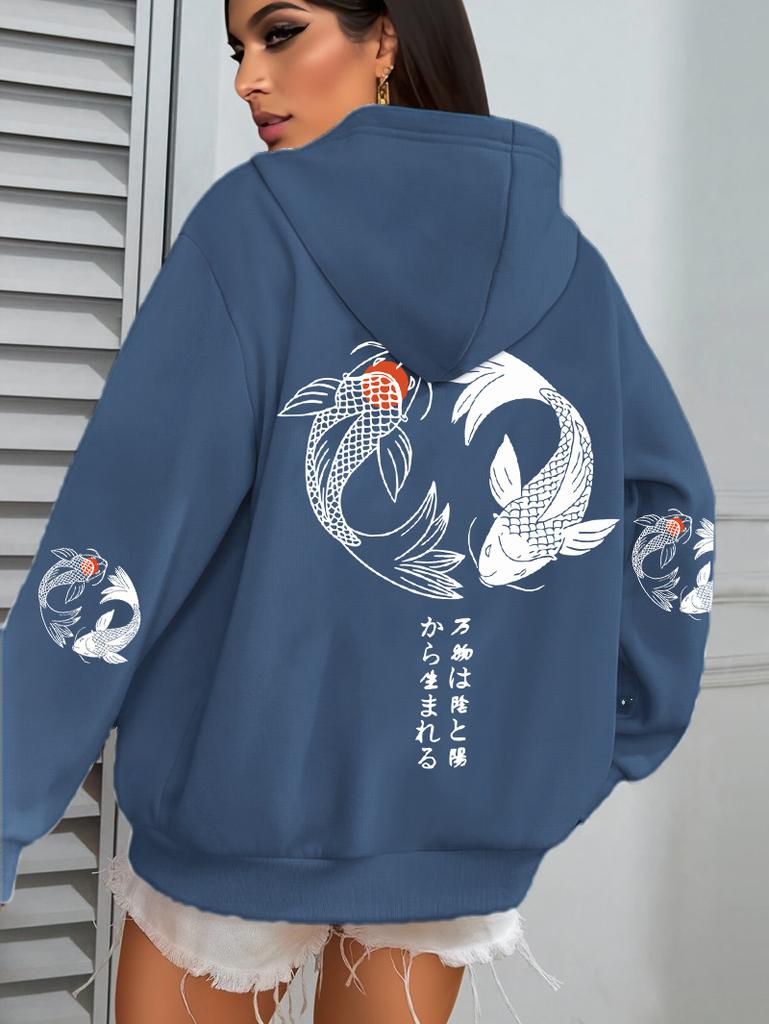 Japanese Koi Harajuku Illustration Prints Women Hoodie Loose Y2K Hoody Multicolor Autumn Hoodies Fleece Soft Woman Sportswear