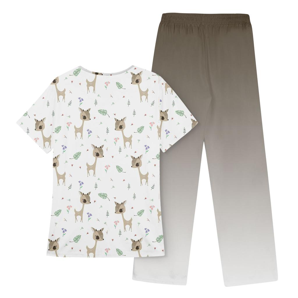 Women's Short Sleeve V Neck Animal Print Chest Pocket Work Top Elastic Waist Pants Two Piece Work Set
