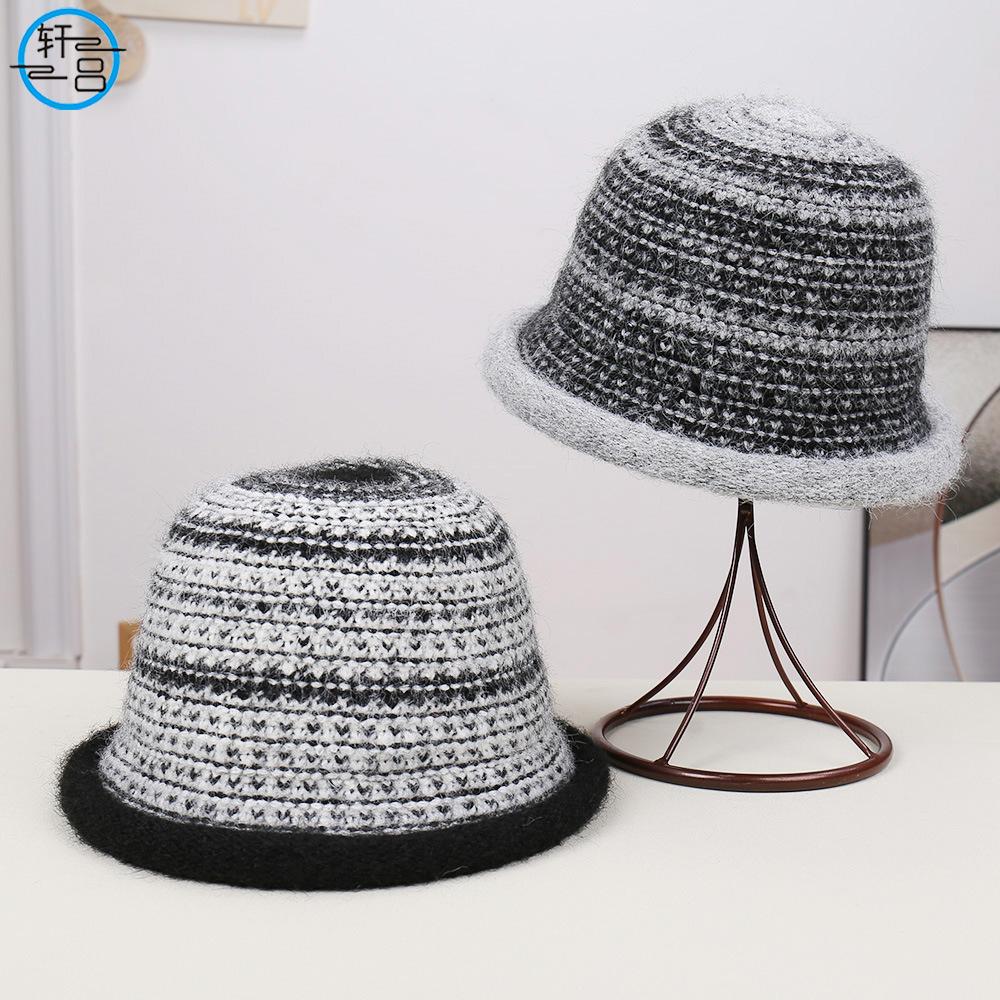New Small Fresh Comfortable Warm Striped Knitted Comfortable Casual Bucket Hat Burr Edge Casual Warm Small Brim Basin Hat