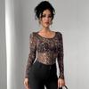 2025 Fashion Transparent Leopard Print Mesh Long Sleeve Slim Fit T-shirt