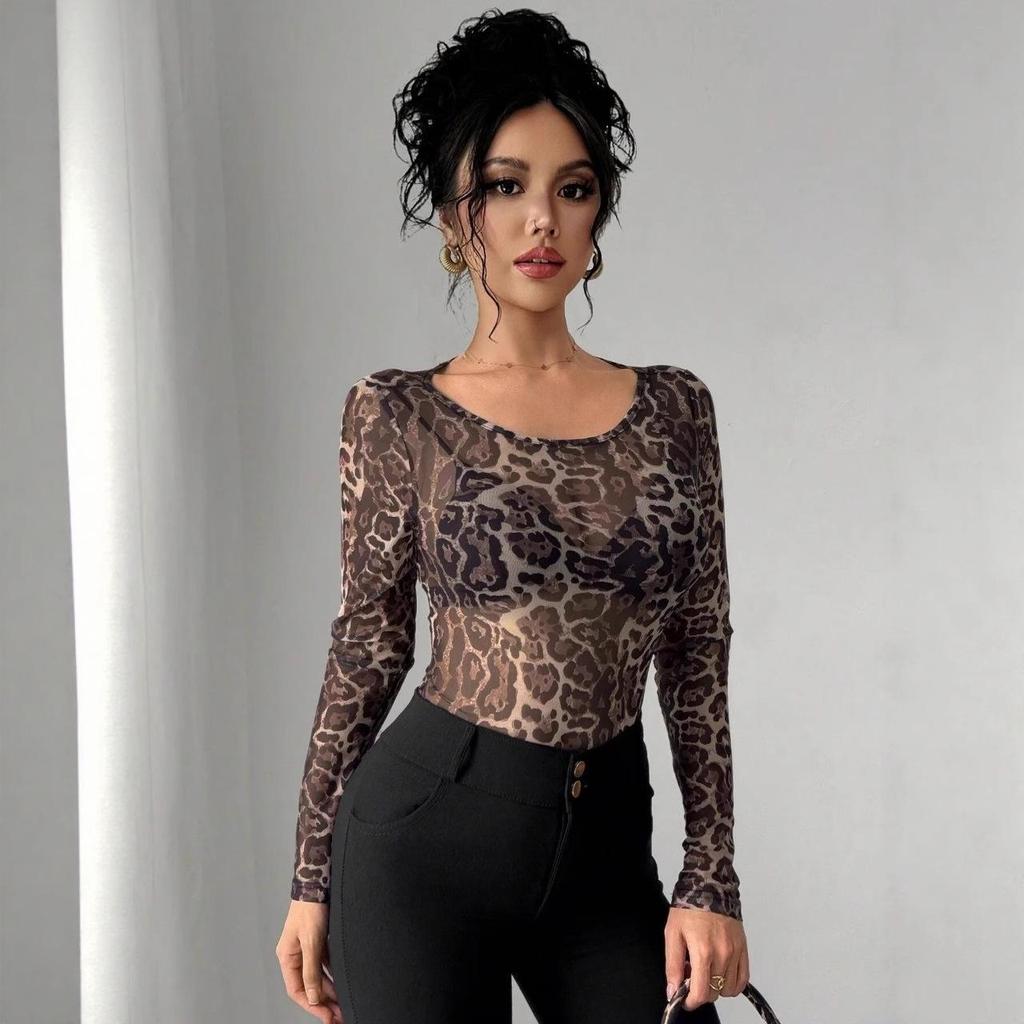2025 Fashion Transparent Leopard Print Mesh Long Sleeve Slim Fit T-shirt