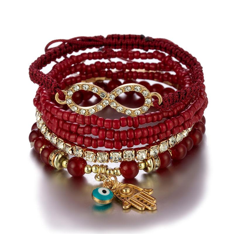 6Pcs Bohemian Hand Eye Beaded Bracelet Set For Women Crystal Geometric Charm Braided Rope Chain Bangle Female Boho Jewelry