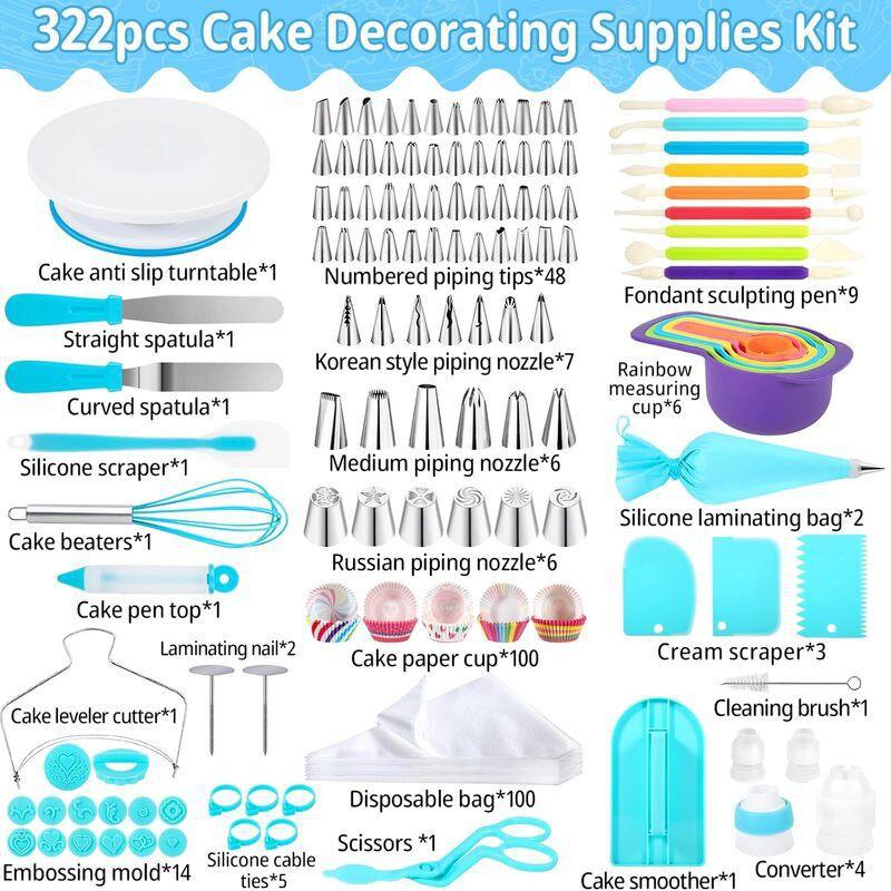 322-Piece 325-Piece Cake Decorating Kit With Turntable Piping Tips Disposable Bags Home Bakery