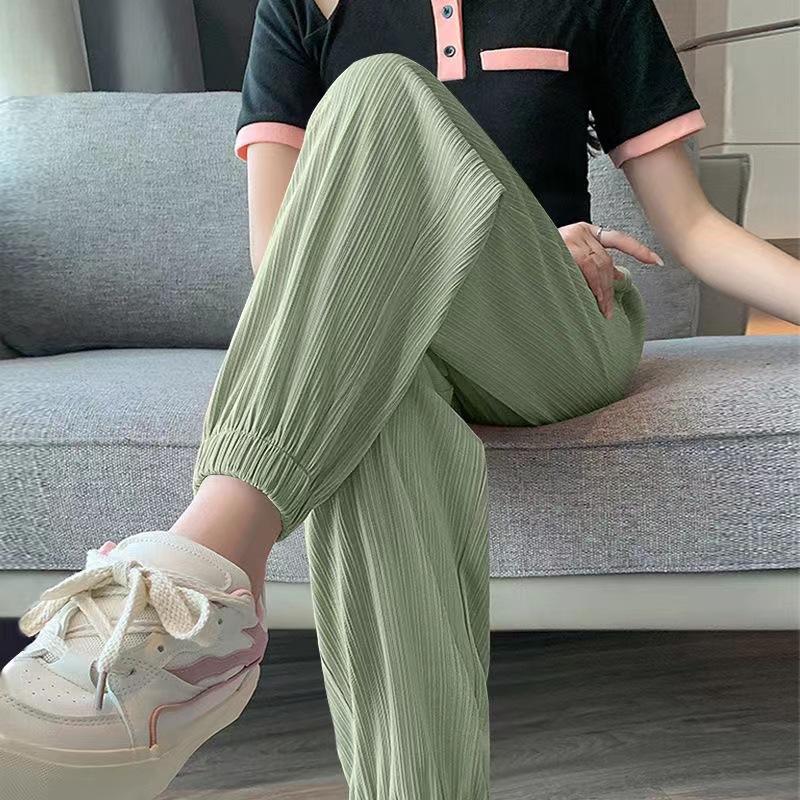 Spring Casual Street Sweet Autumn Basics Ice Silk Pants Lantern Pants Solid Color Elastic Women's Sports Pants and Ankle Pants
