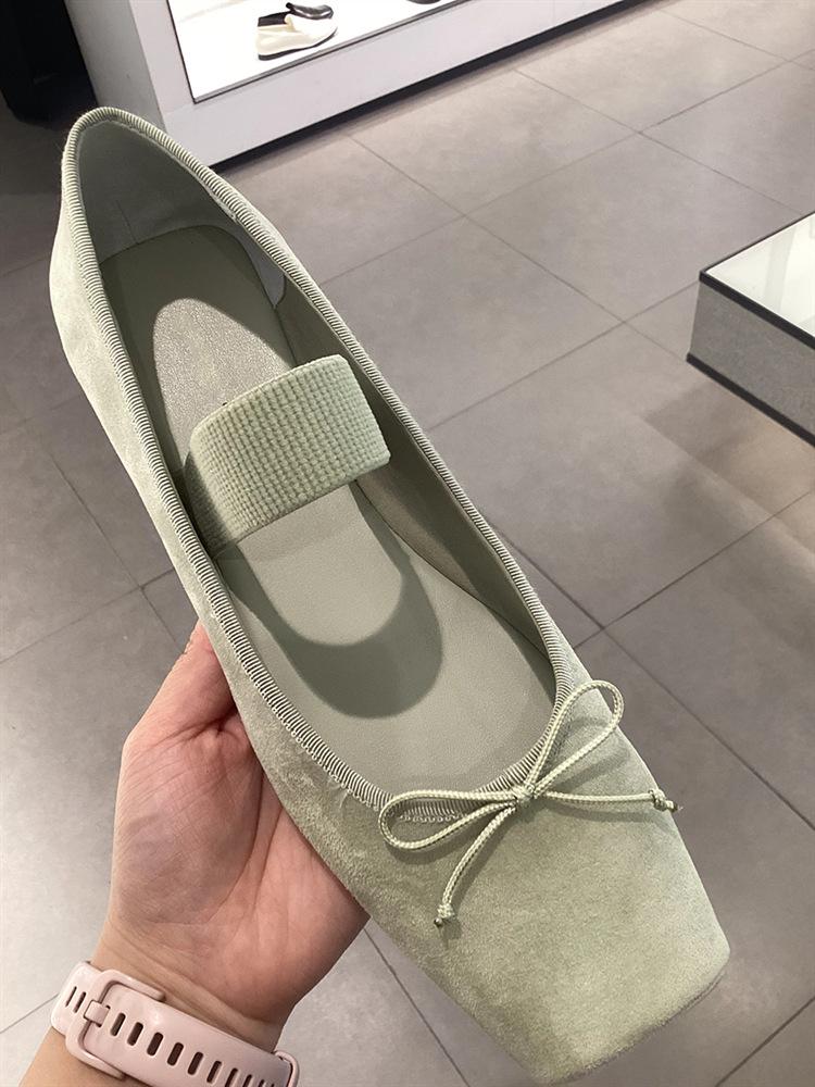 

Sheepskin version~ French retro square head flat ballet single shoes with bow light mouth Mary Jane shoes women 40 зелёный