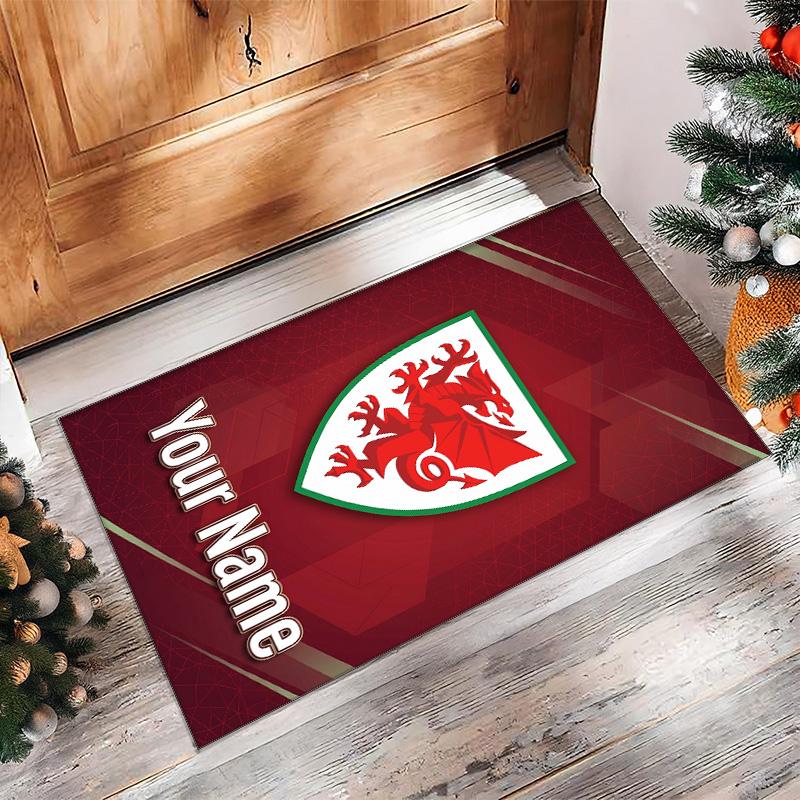 Wales Rugby Crystal Velvet Rug, Custom Name Text Personalized Non‑Slip Floor Mat for Home Decor Gift