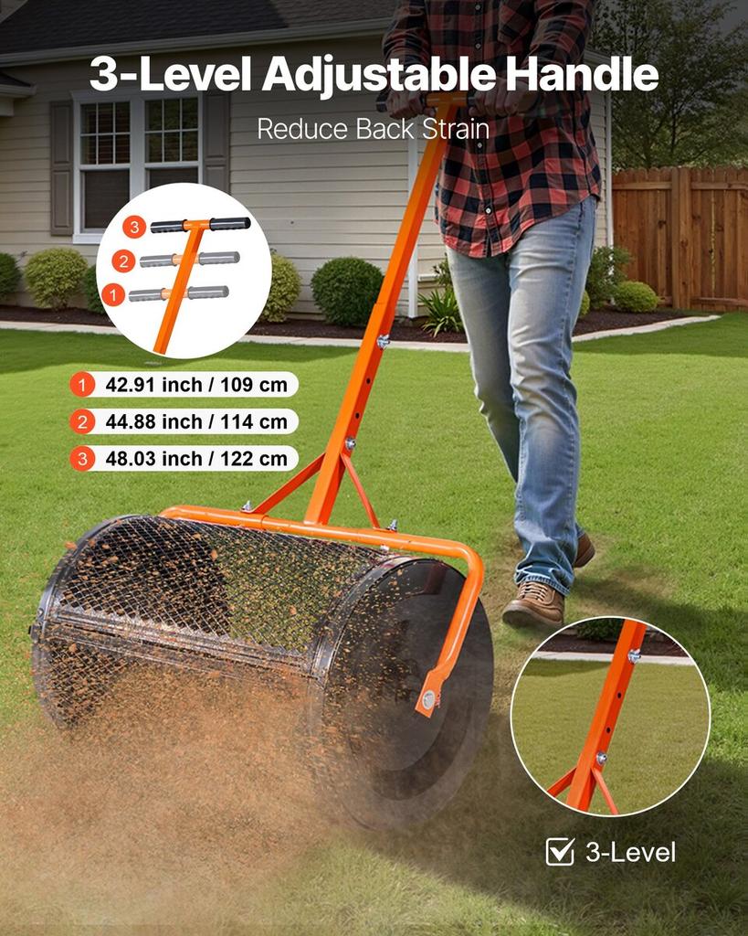 Spargicontenuto, Spargitofano da 61 cm con Manico a T, Altezza Regolabile su 3 Livelli, Rullo Spargitofano da Giardino in Acciaio Verniciato a Polvere, Robusto