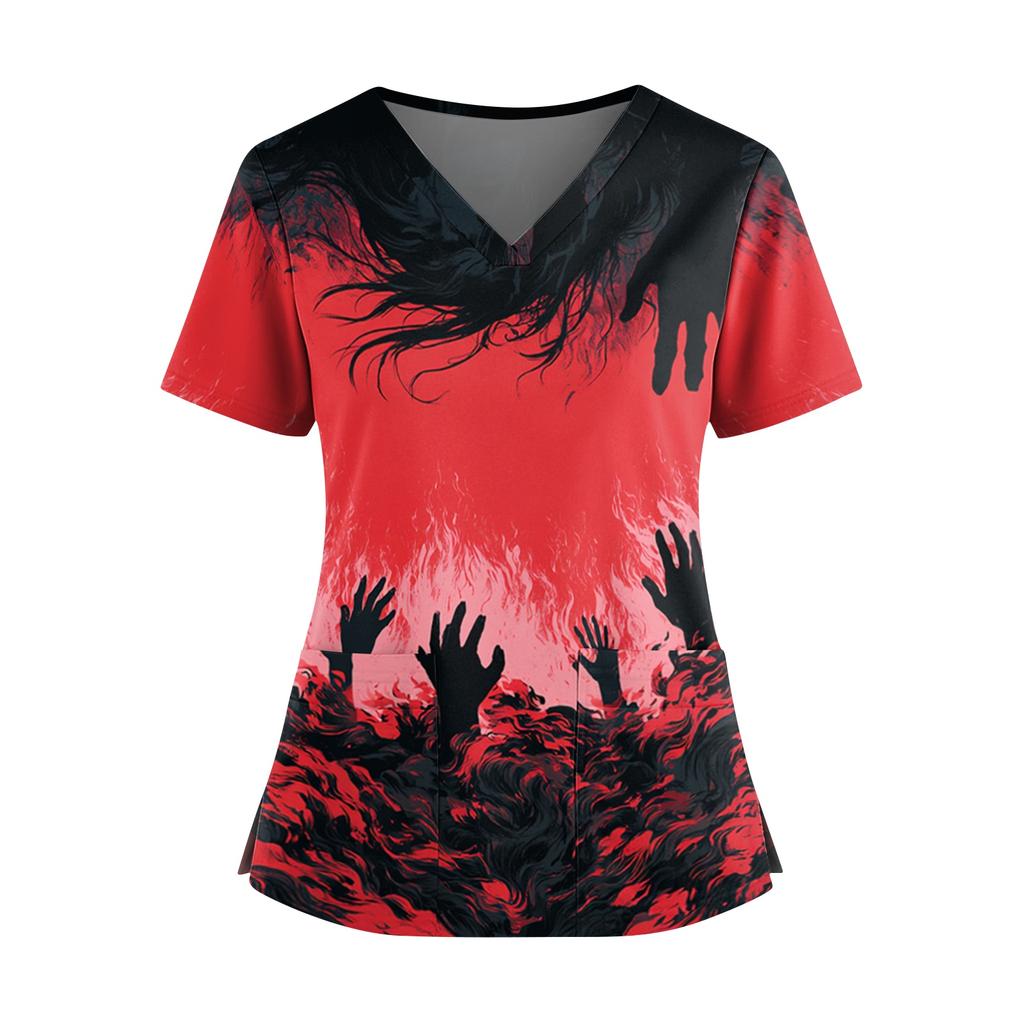 Halloween Print V Neck Short Sleeve Nurse Top with Double Pockets and Side Slits Medical Scrub Shirt for Healthcare Workers