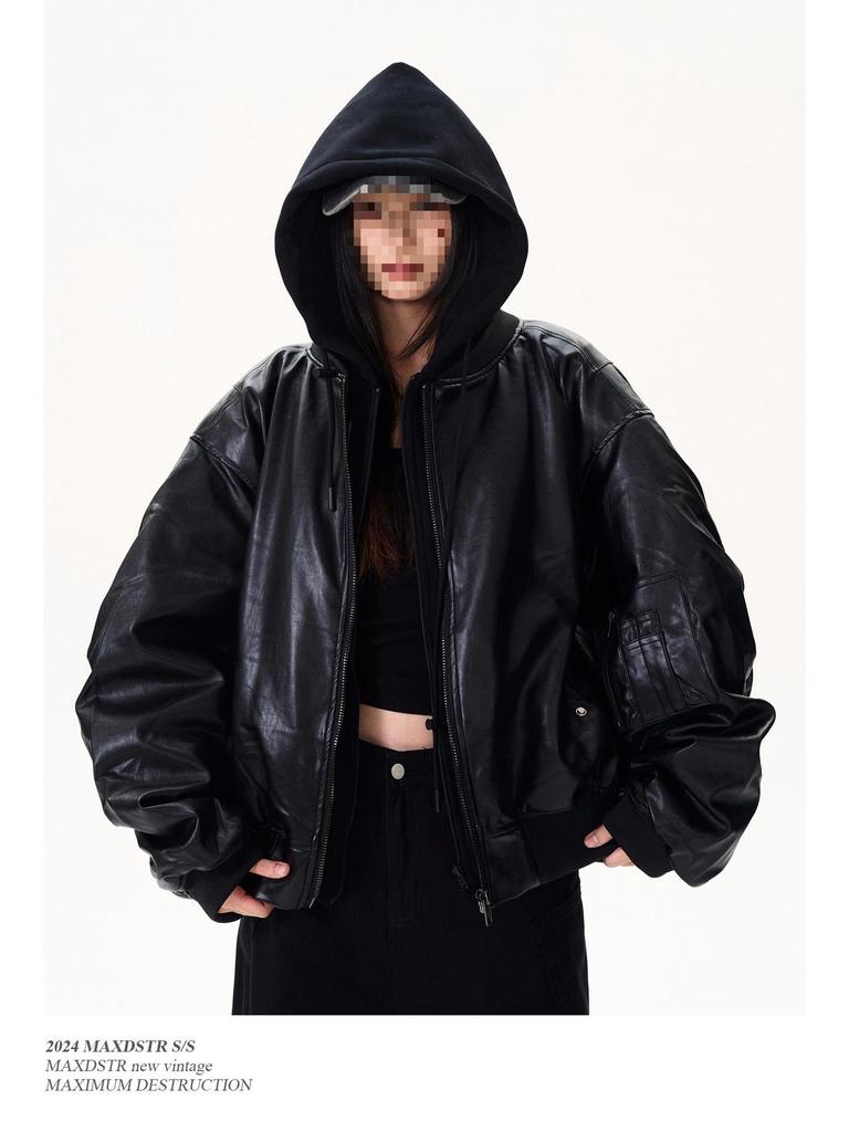 2025 Unisex Černá Bomberová Bunda s Kapucí ze Patchworkové PU Kůže