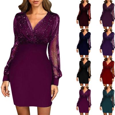 Women's Mesh V-neck Sequined Dress Foreign Trade Sexy Long Sleeve Dress