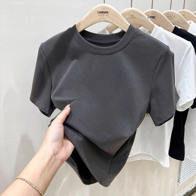 Women's American-Style Cotton Drop Shoulder Cropped Tee, Summer 2025 New Arrival, Stylish Slimming Short Sleeve Base Layer