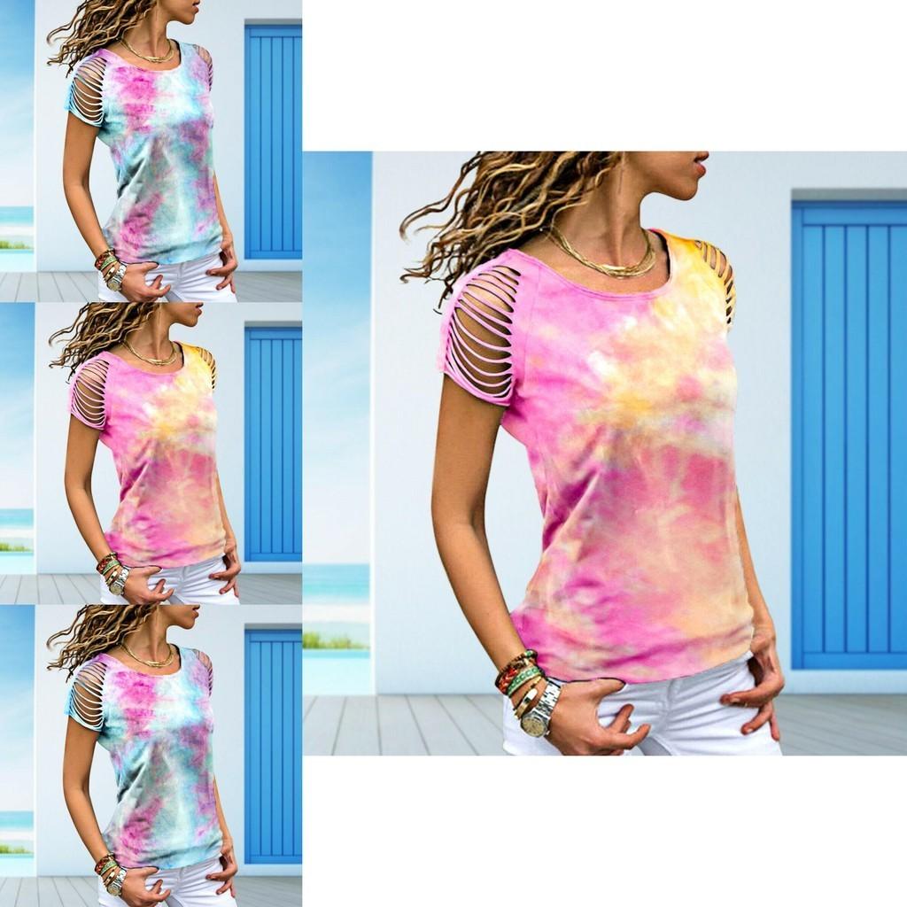 Womens Vibrant Tie-dye Printed Tops Casual Short Sleeve Blouse Perfect For Summer