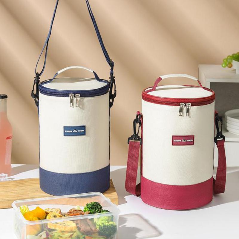 Sac de prânz portabil de mare capacitate, cutie de prânz izolată, cilindric, proaspăt, cutie rotundă din folie de aluminiu, geantă termică pentru alimente.