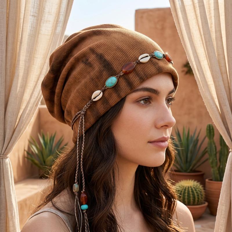 1Pcs Versatile Beading Baggy Cap Bohemian Style Ethnic Style Beanies Cap Polyester Keep Warm Pullover Hat For Autumn And Winter