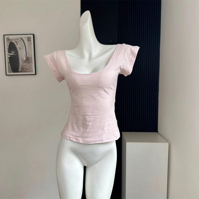 Różowy Bawełniany T-shirt Damski z Krótkim Rękawem z Dekoltem U - Letni Styl Koreański