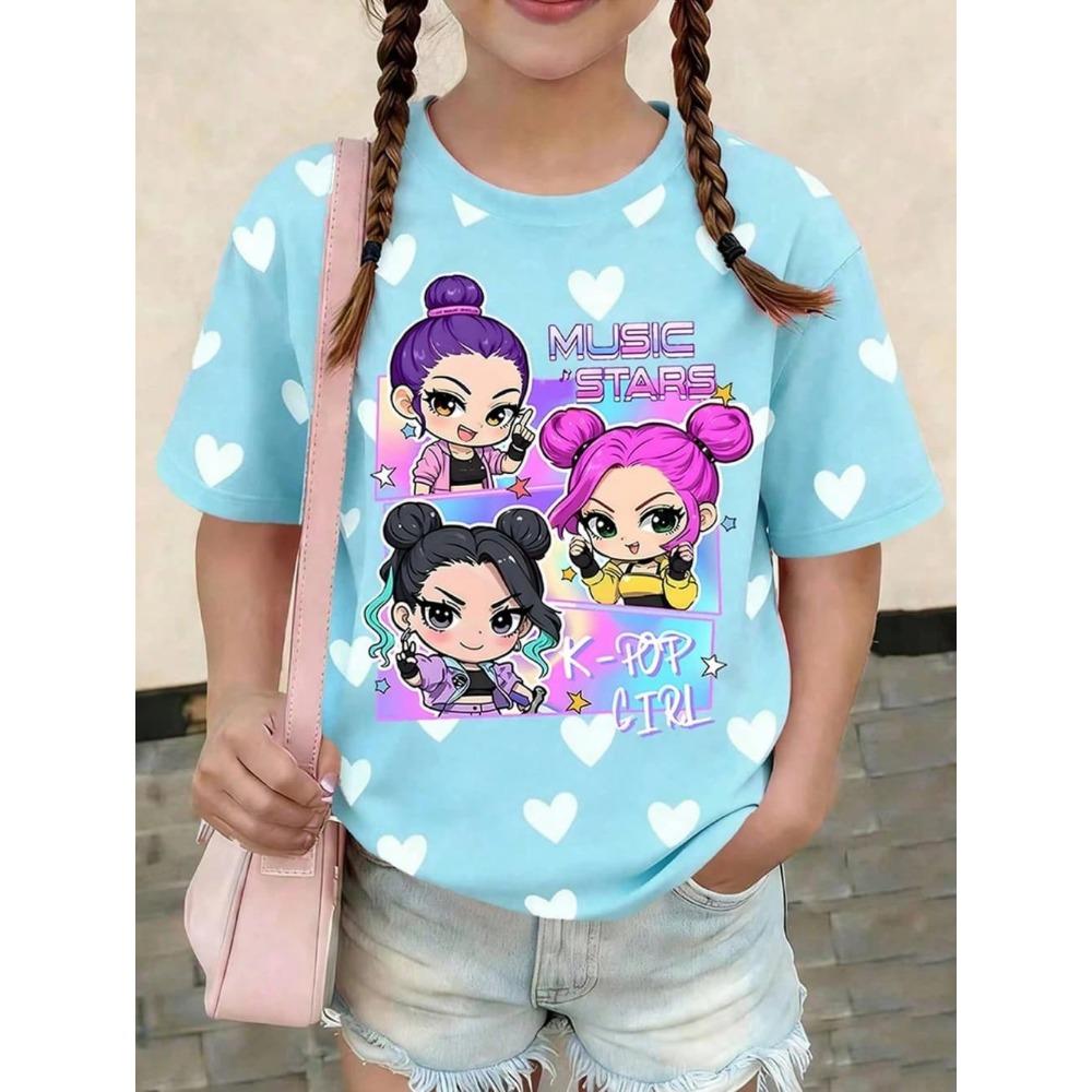 Kpop Cartoon Graphic Girls T-Shirt Casual Round-Neck T-Shirt Suitable for Girls Kids Gift Short Sleeve Tops Children's Clothing