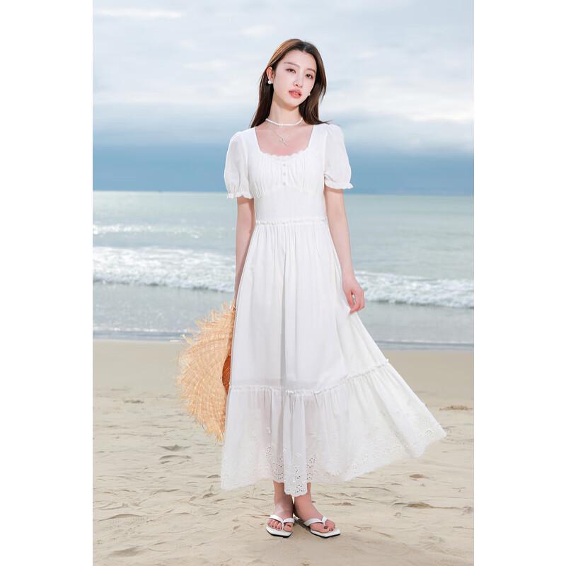 Sancai 2025 Summer Plus Size White Embroidered Cotton Square Neck Dress