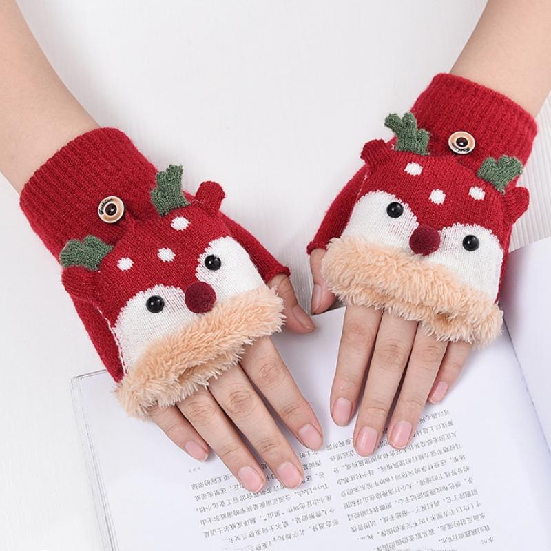Winter Warm Mittens Cartoon Design Clamshell Half Finger Gloves Kids Fingerless Gloves Children Christmas Gloves Plush Gloves